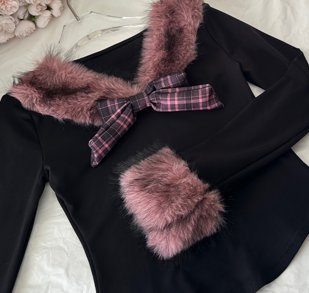 Pink fur collar tops plaid velvet skirt 2pcs set