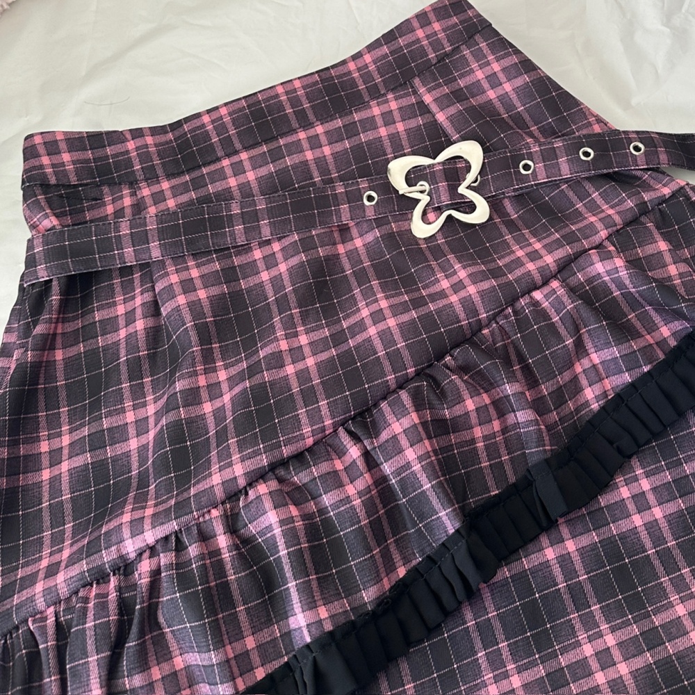 Pink fur collar tops plaid velvet skirt 2pcs set