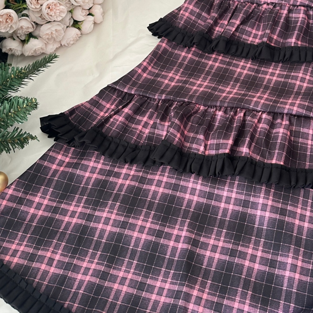 Pink fur collar tops plaid velvet skirt 2pcs set