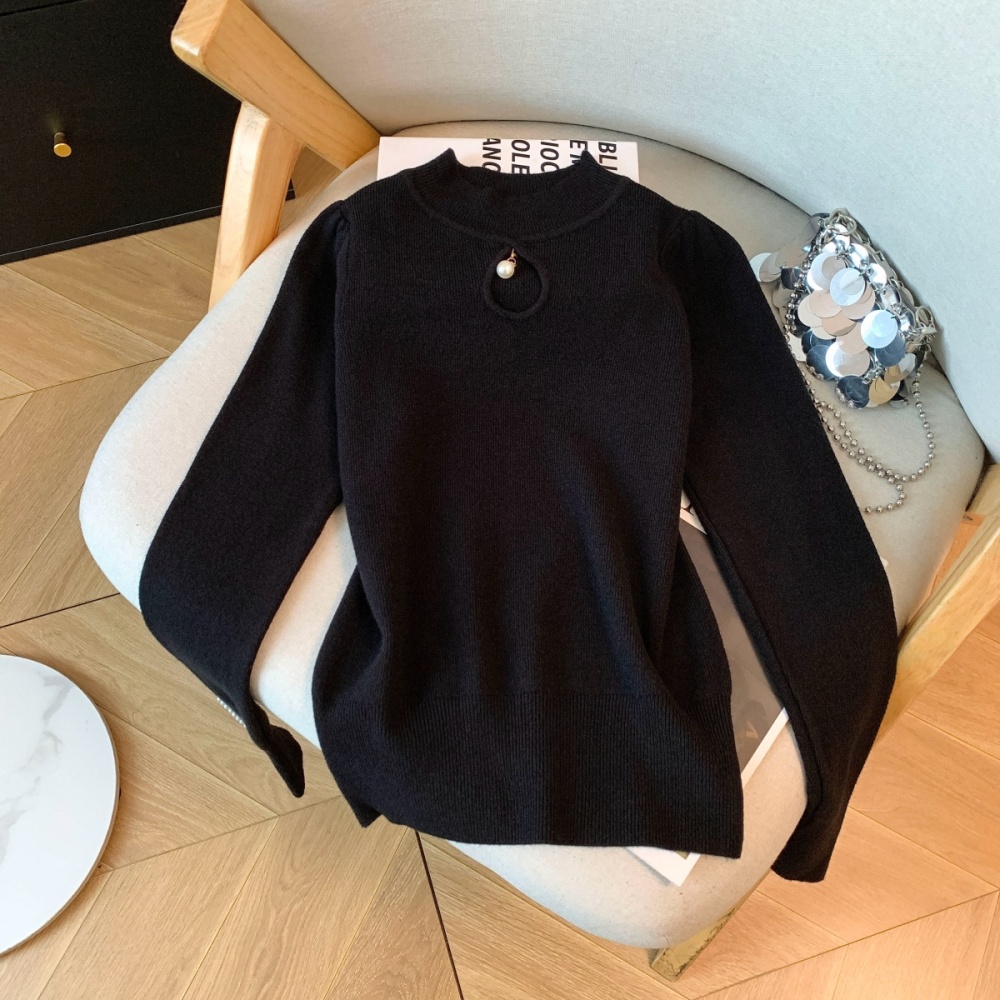 Half high collar pearl sweater bottoming tops for women