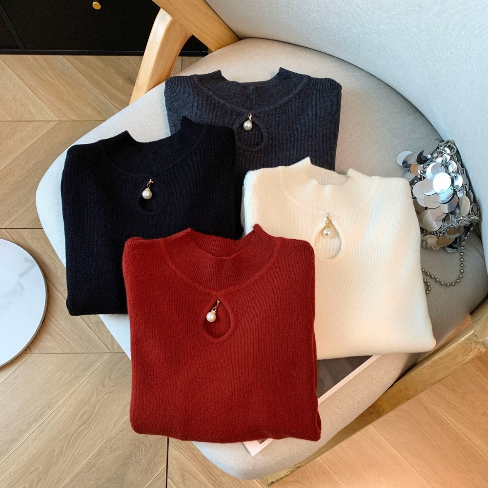 Half high collar pearl sweater bottoming tops for women