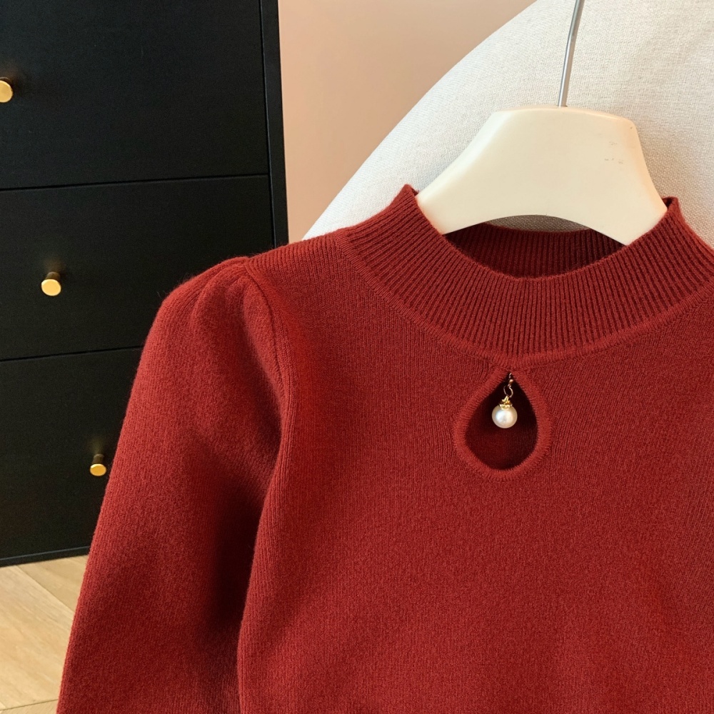 Half high collar pearl sweater bottoming tops for women