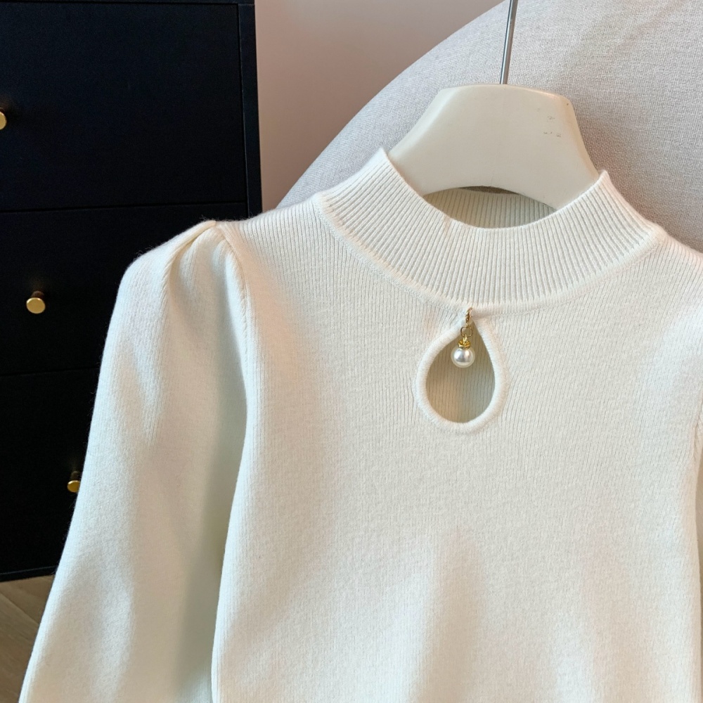 Half high collar pearl sweater bottoming tops for women