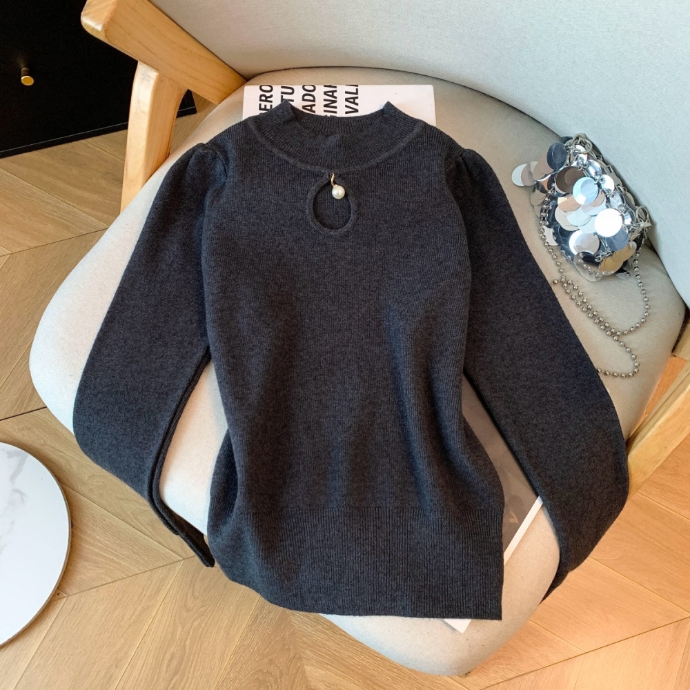Half high collar pearl sweater bottoming tops for women