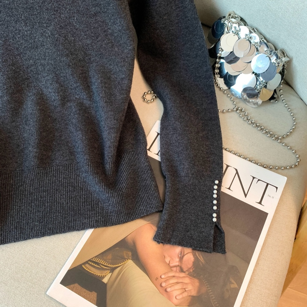 Half high collar pearl sweater bottoming tops for women