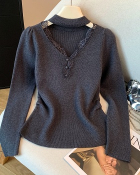 Thick V-neck bottoming knitted buckle long sleeve tops