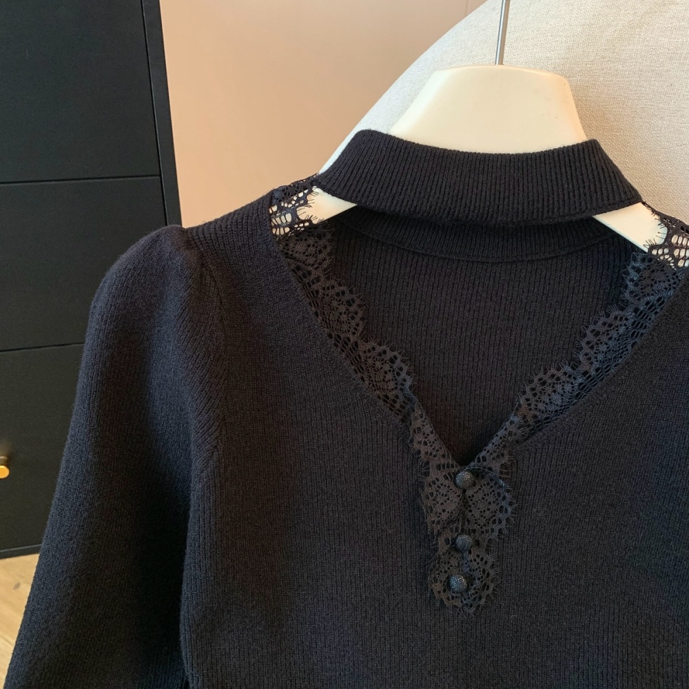 Thick V-neck bottoming knitted buckle long sleeve tops