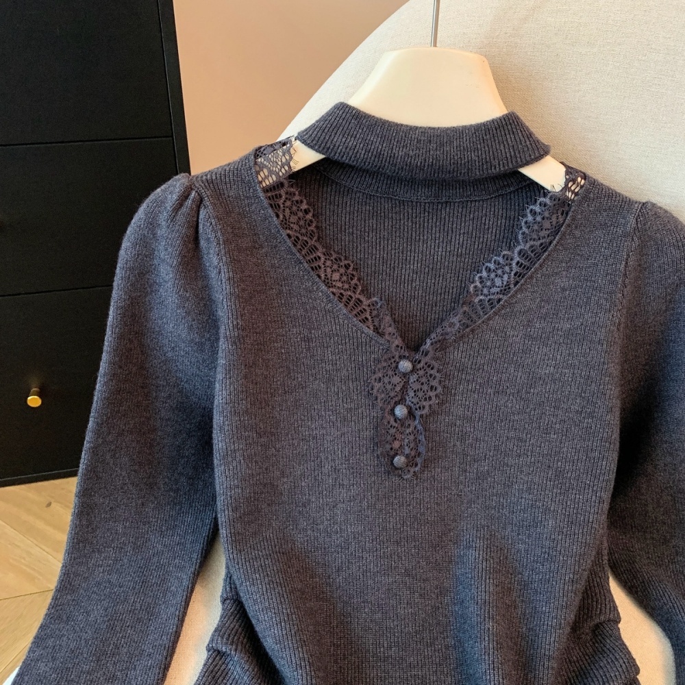 Thick V-neck bottoming knitted buckle long sleeve tops