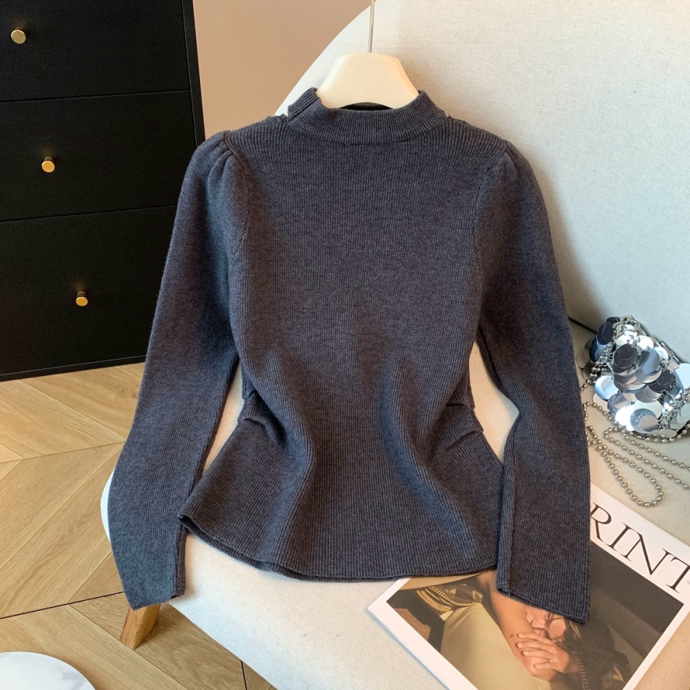 Thick V-neck bottoming knitted buckle long sleeve tops