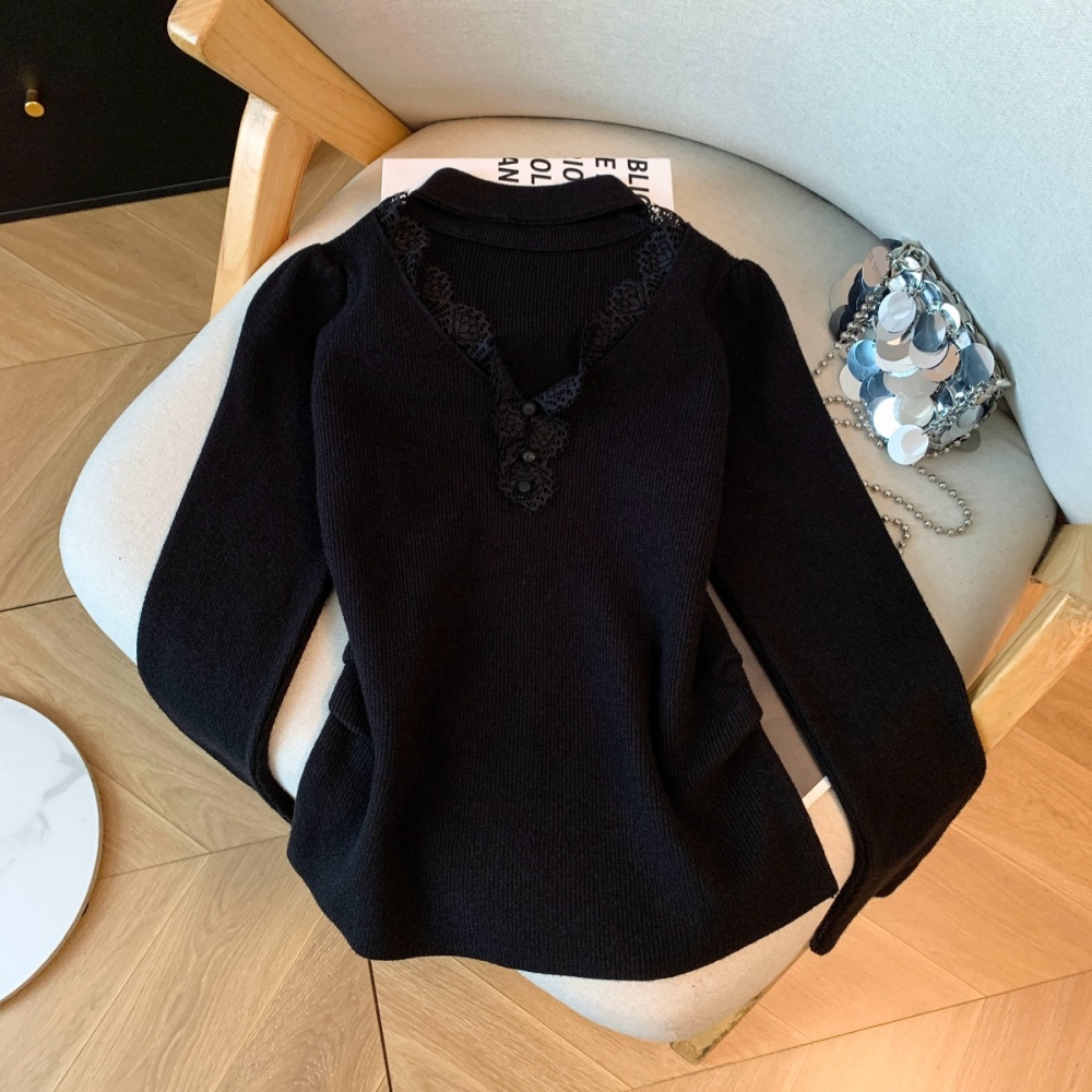 Thick V-neck bottoming knitted buckle long sleeve tops