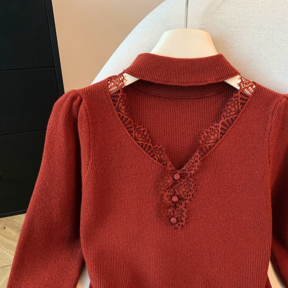 Thick V-neck bottoming knitted buckle long sleeve tops