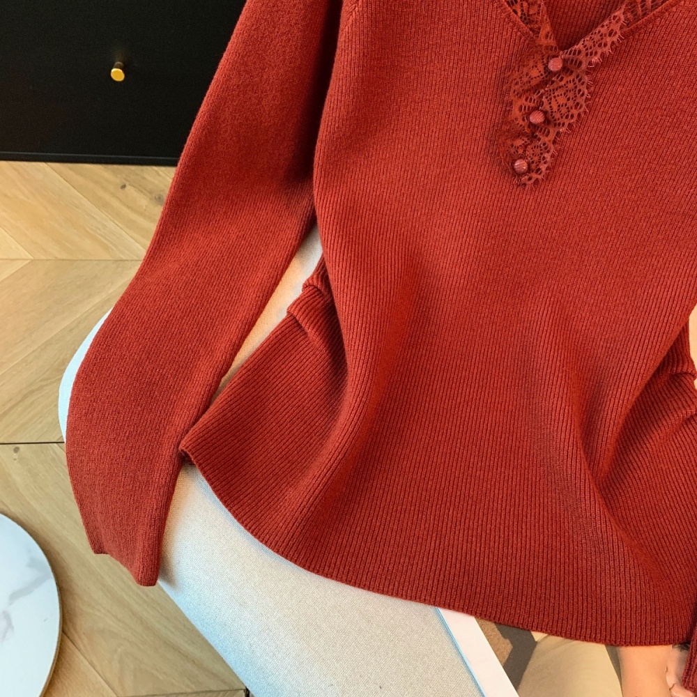 Thick V-neck bottoming knitted buckle long sleeve tops