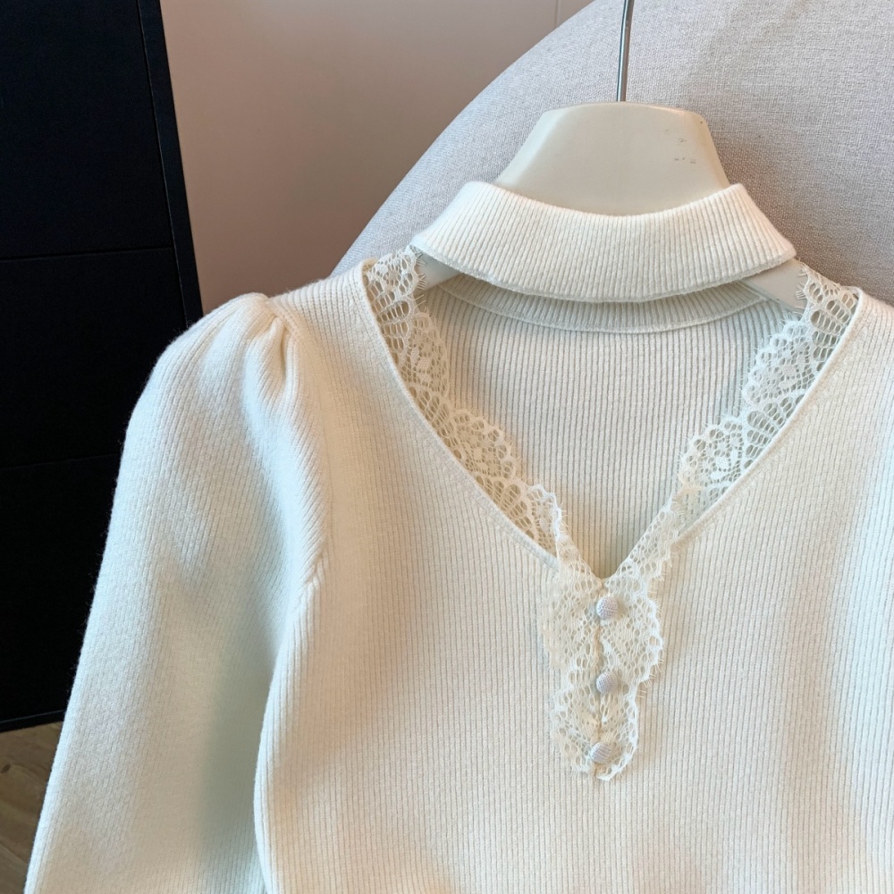 Thick V-neck bottoming knitted buckle long sleeve tops