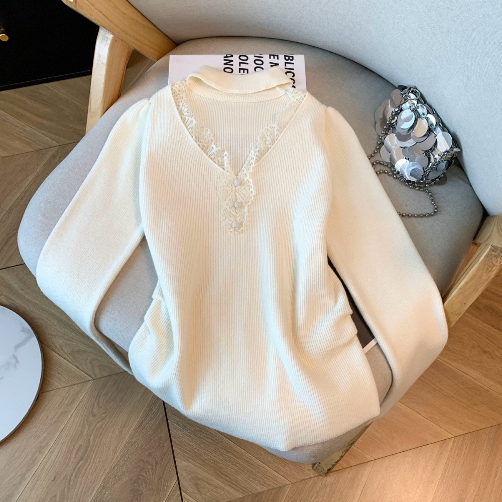 Thick V-neck bottoming knitted buckle long sleeve tops