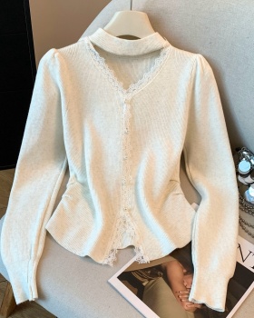 Long sleeve lace pearl winter halter buckle knitted tops