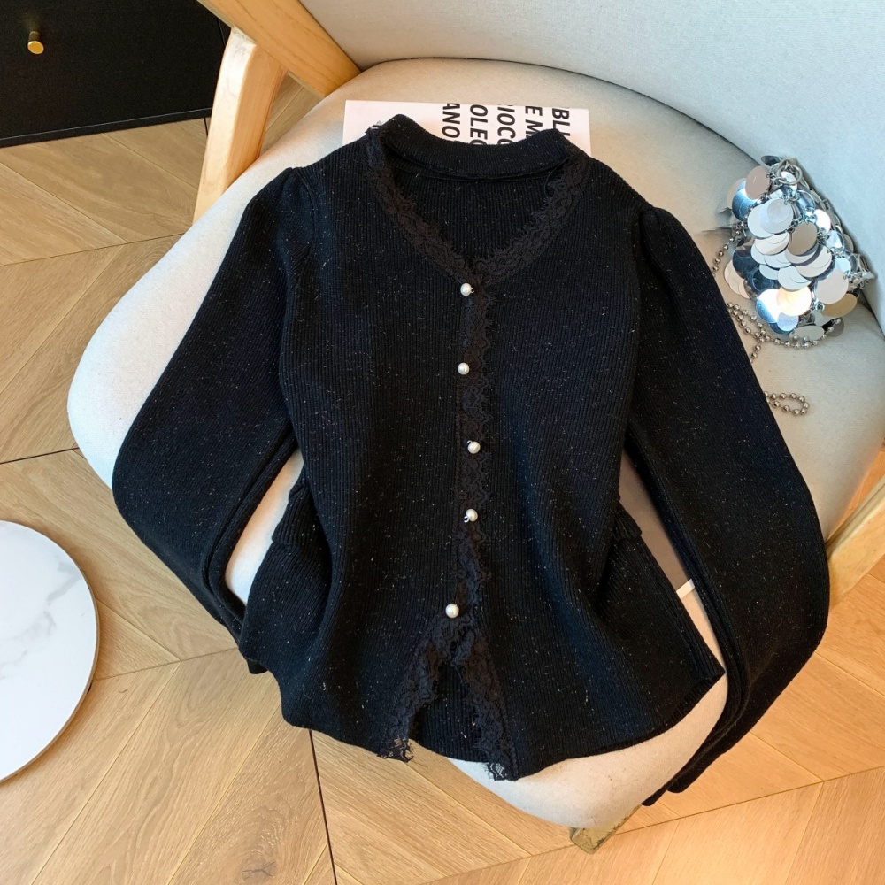 Long sleeve lace pearl winter halter buckle knitted tops