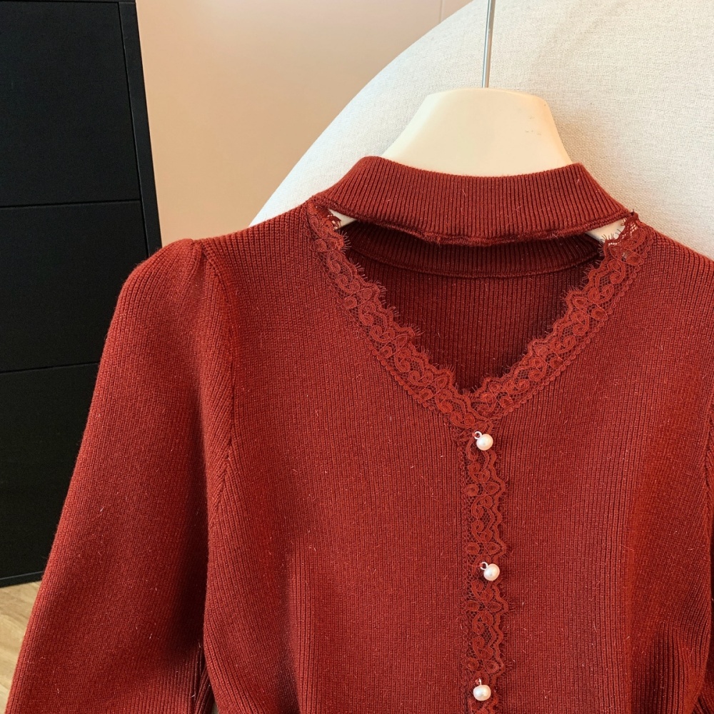 Long sleeve lace pearl winter halter buckle knitted tops