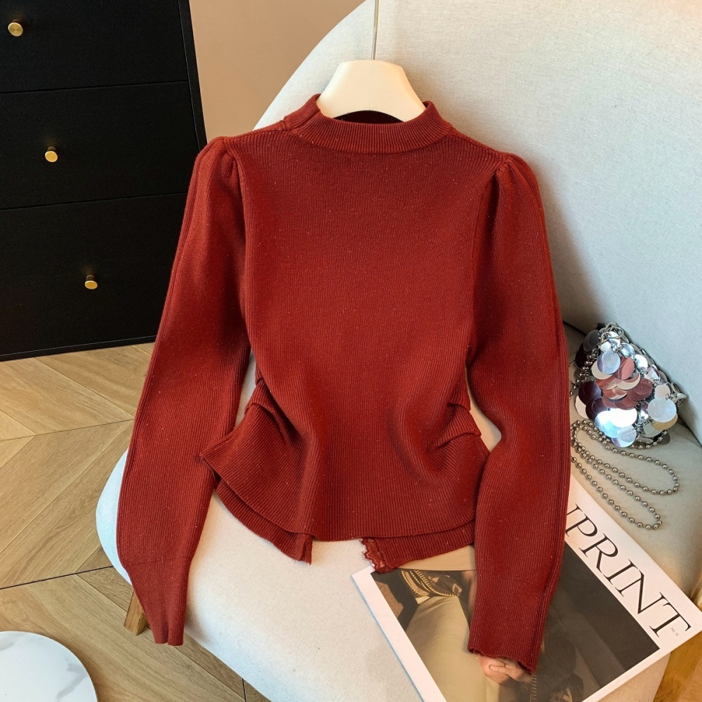 Long sleeve lace pearl winter halter buckle knitted tops