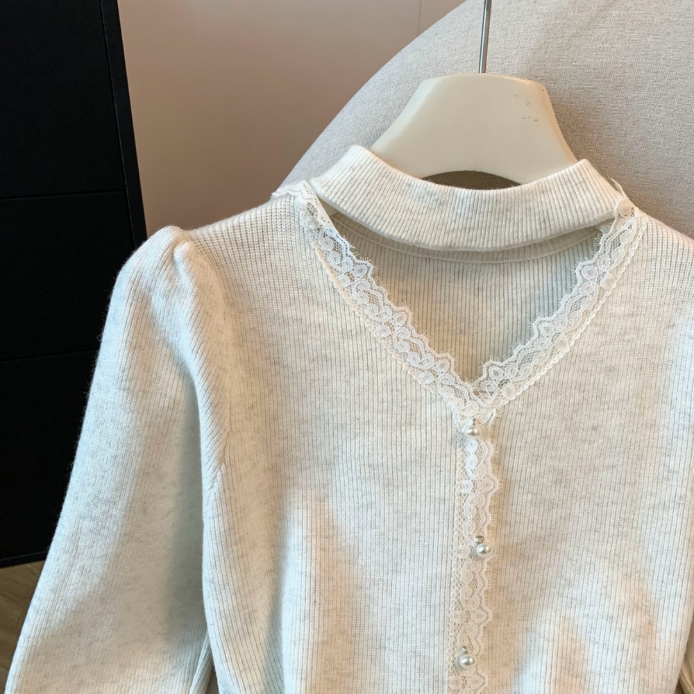 Long sleeve lace pearl winter halter buckle knitted tops