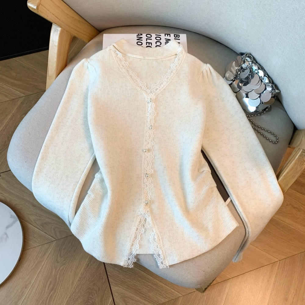 Long sleeve lace pearl winter halter buckle knitted tops