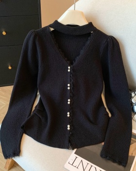 Pearl thick halter V-neck knitted winter lace tops