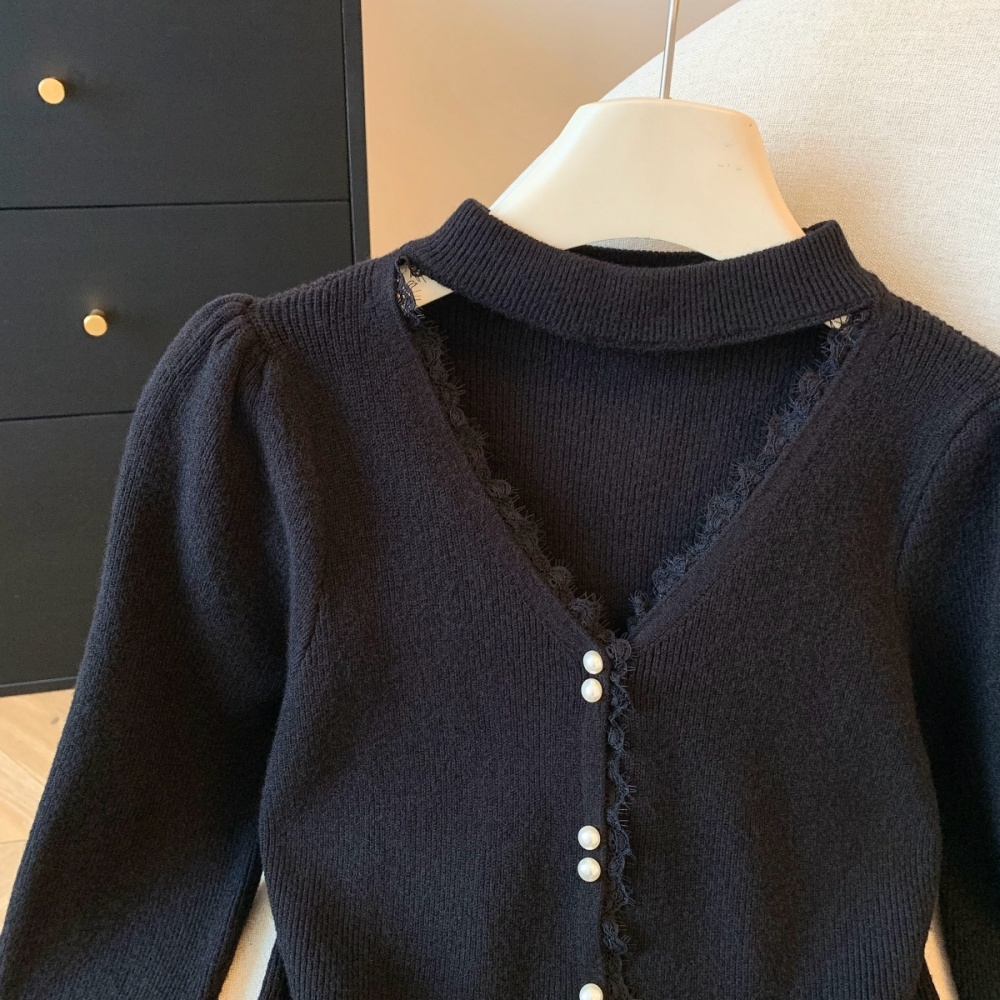 Pearl thick halter V-neck knitted winter lace tops