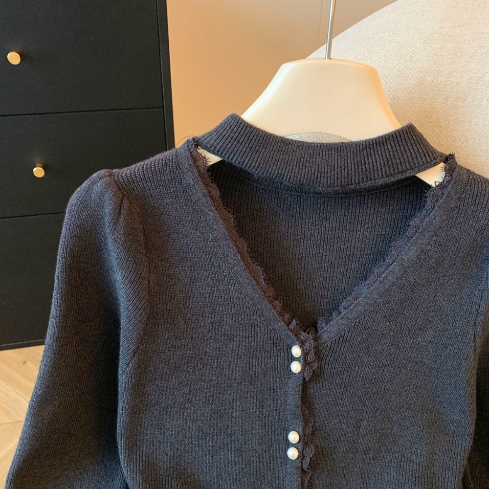 Pearl thick halter V-neck knitted winter lace tops