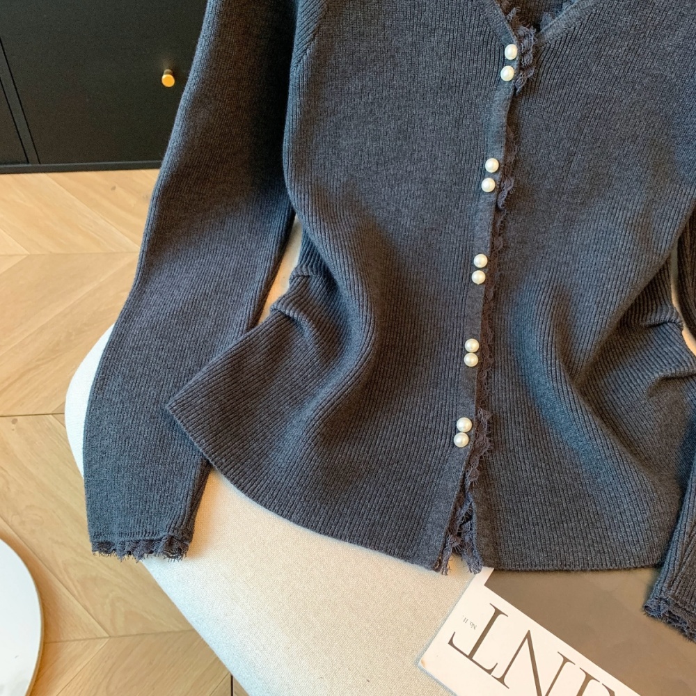 Pearl thick halter V-neck knitted winter lace tops