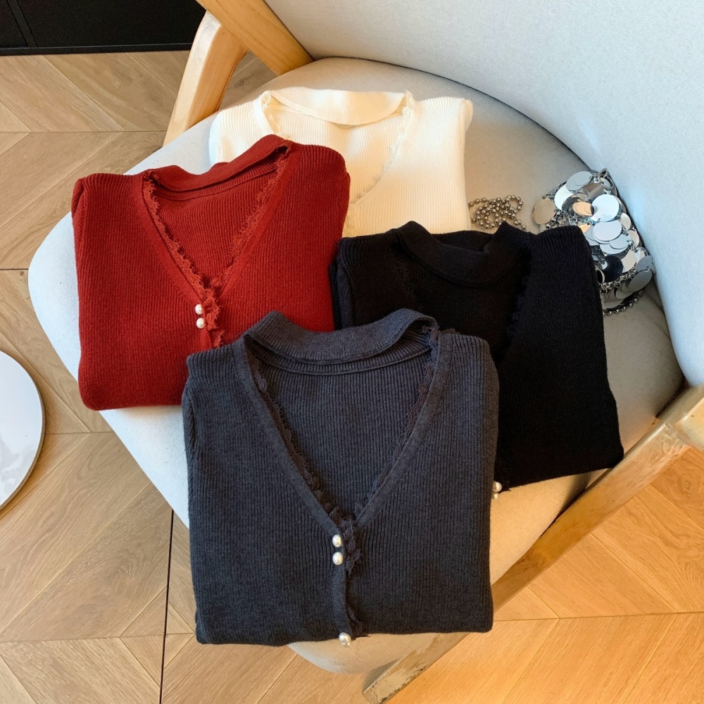 Pearl thick halter V-neck knitted winter lace tops