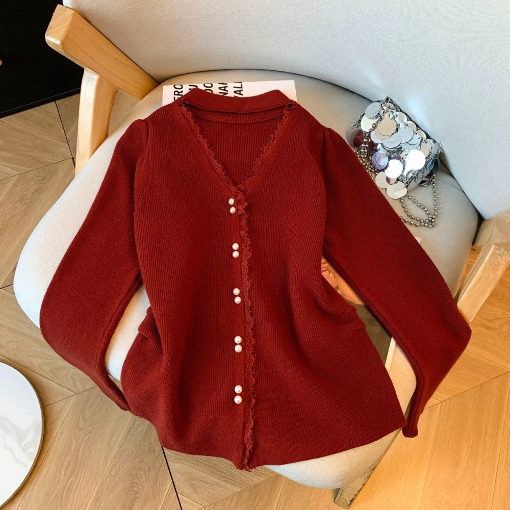 Pearl thick halter V-neck knitted winter lace tops