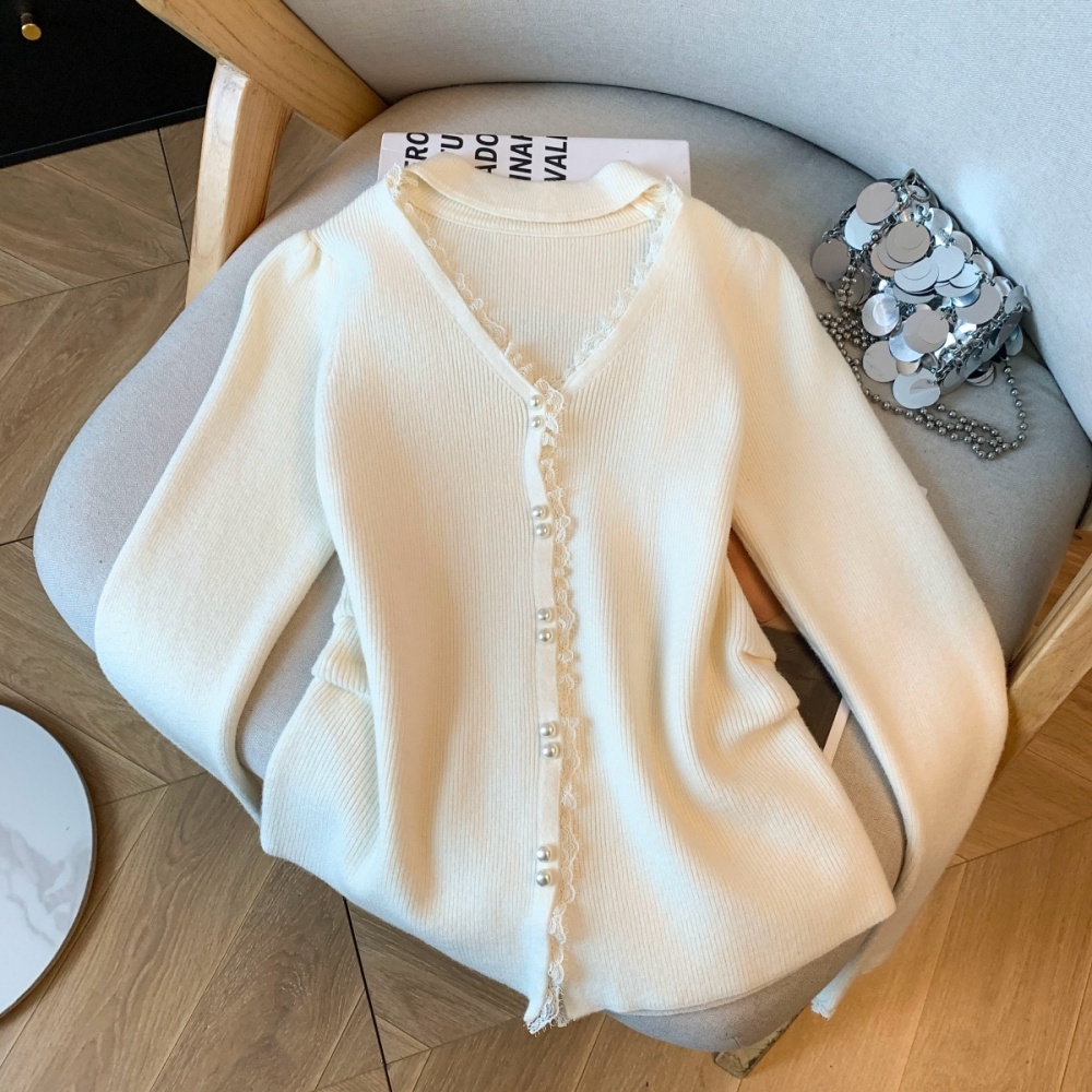 Pearl thick halter V-neck knitted winter lace tops