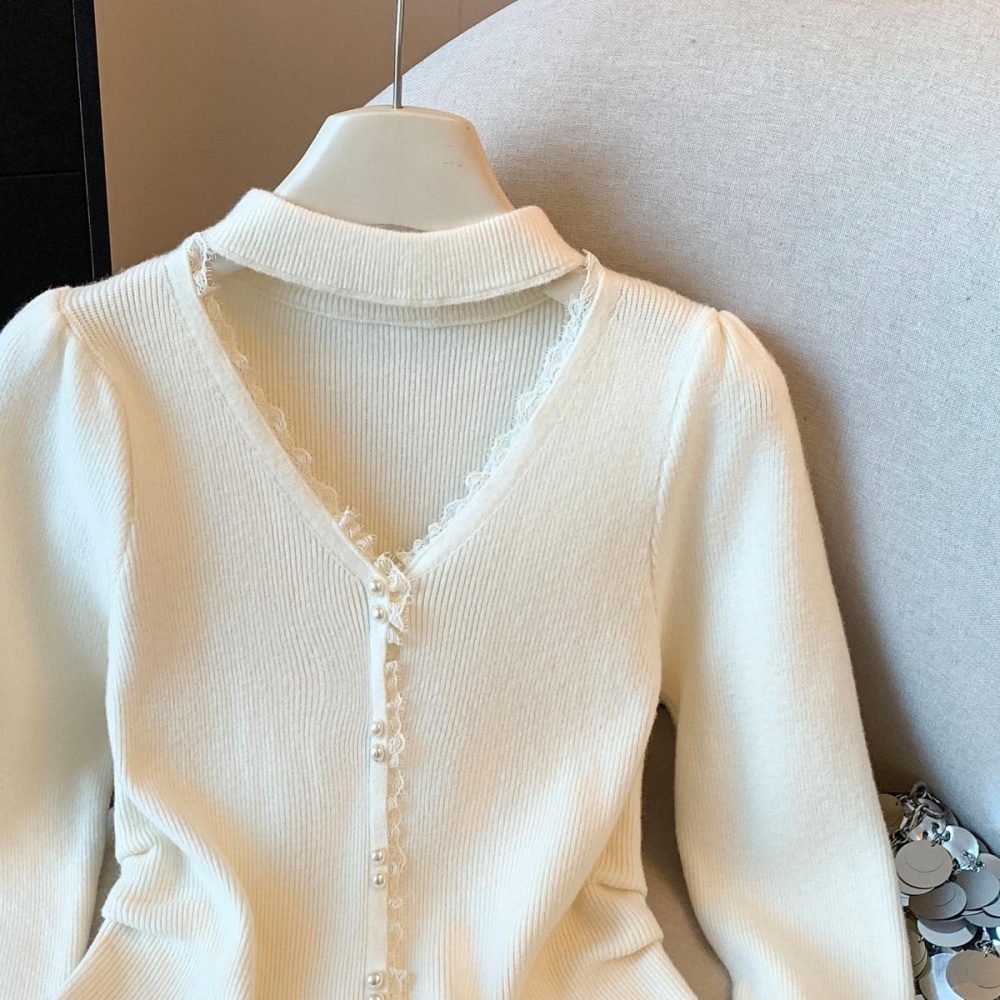 Pearl thick halter V-neck knitted winter lace tops