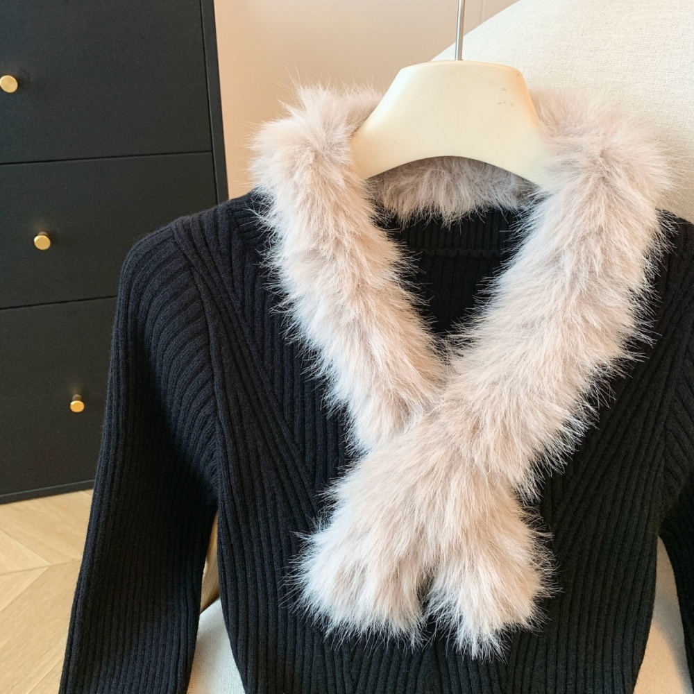 Fur collar V-neck bottoming temperament winter sweater