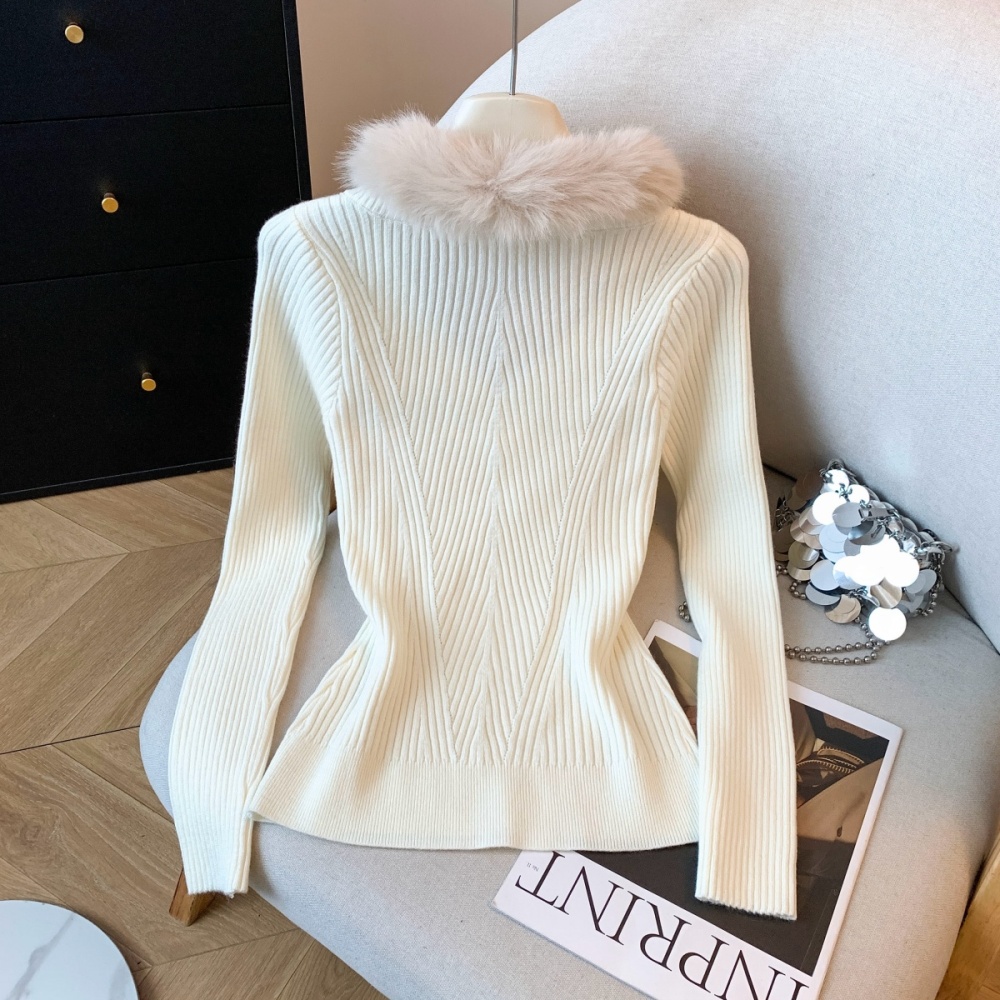 Fur collar V-neck bottoming temperament winter sweater