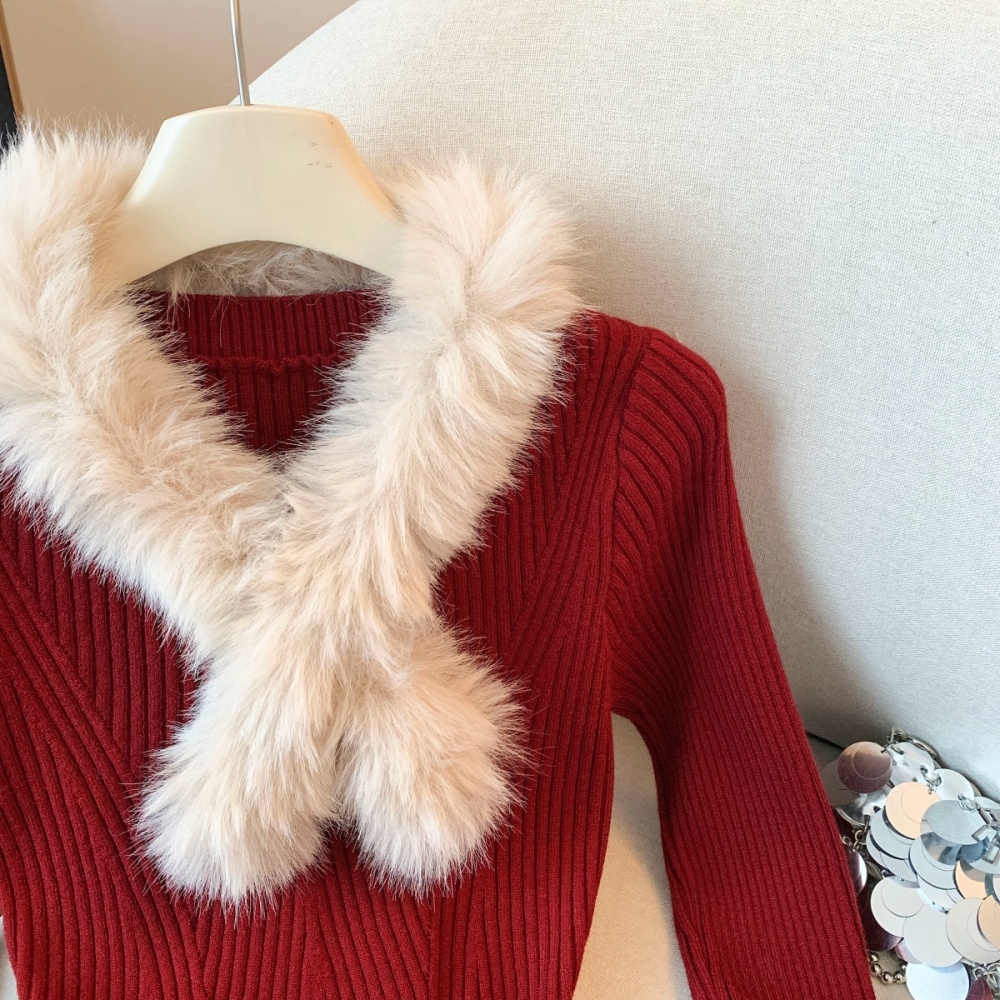 Fur collar V-neck bottoming temperament winter sweater