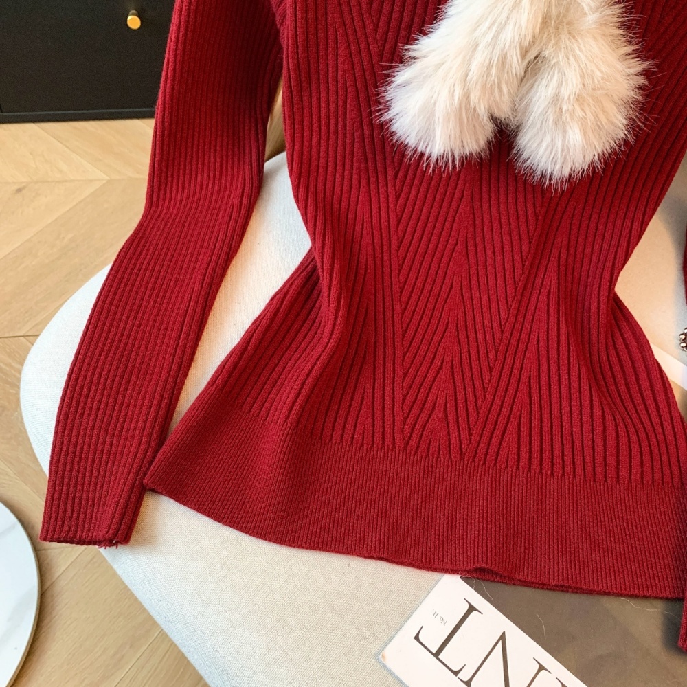 Fur collar V-neck bottoming temperament winter sweater