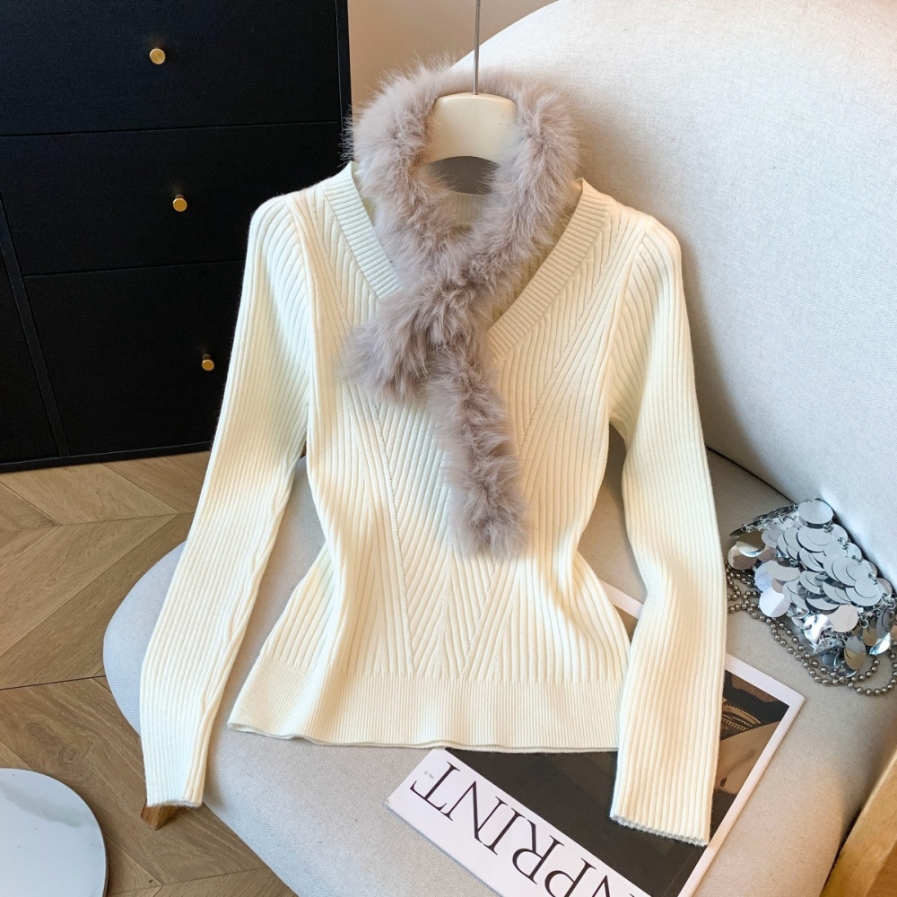 Fur collar V-neck bottoming temperament winter sweater