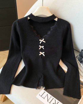 Autumn and winter split lace bow halter splice sweater