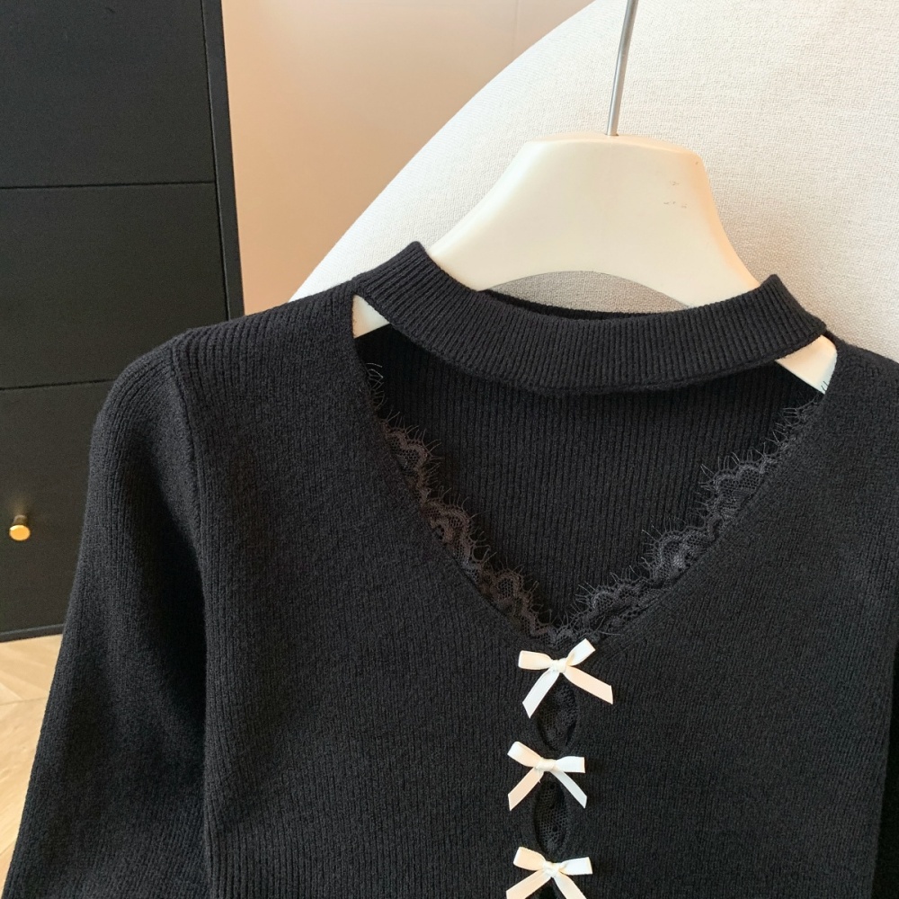 Autumn and winter split lace bow halter splice sweater