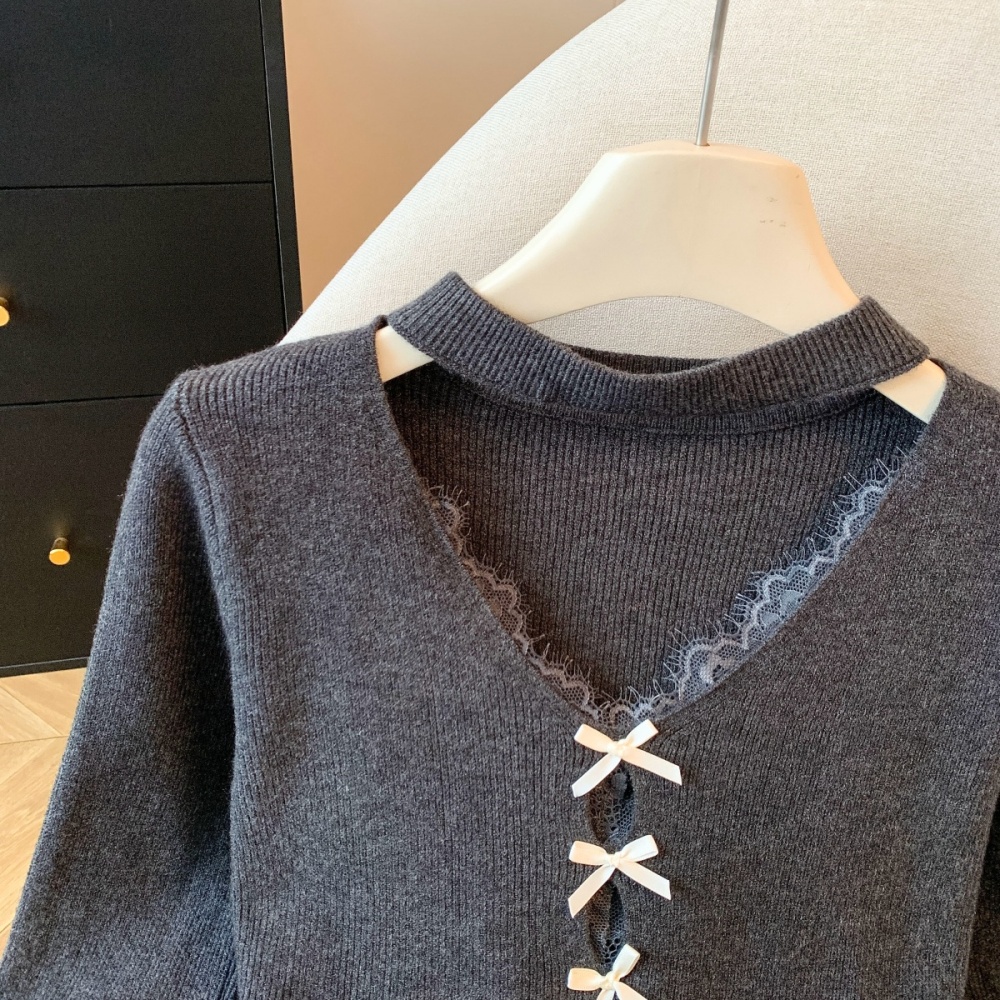 Autumn and winter split lace bow halter splice sweater
