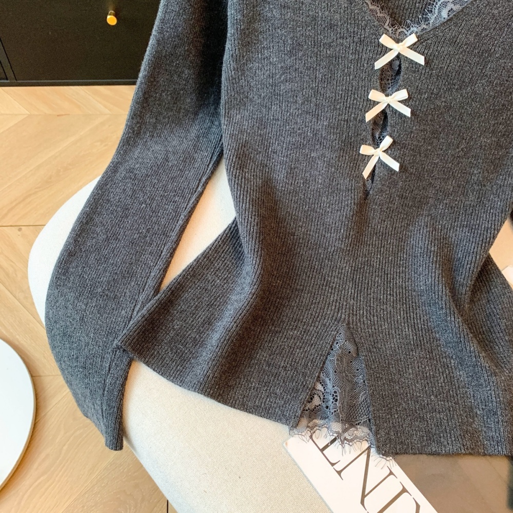 Autumn and winter split lace bow halter splice sweater