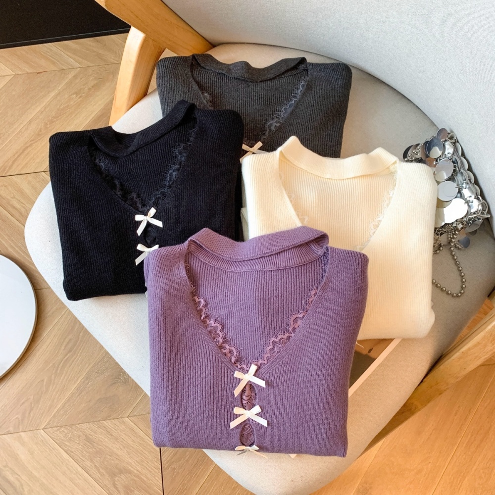 Autumn and winter split lace bow halter splice sweater
