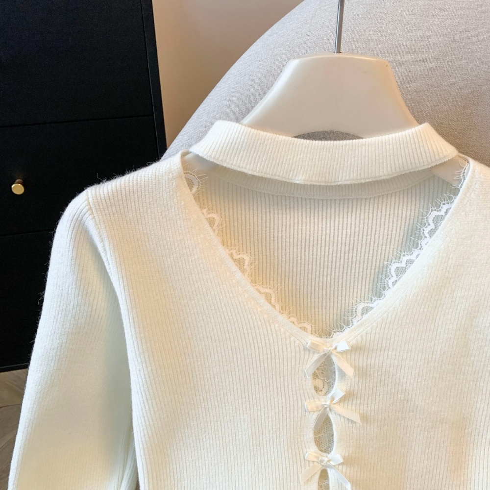 Autumn and winter split lace bow halter splice sweater