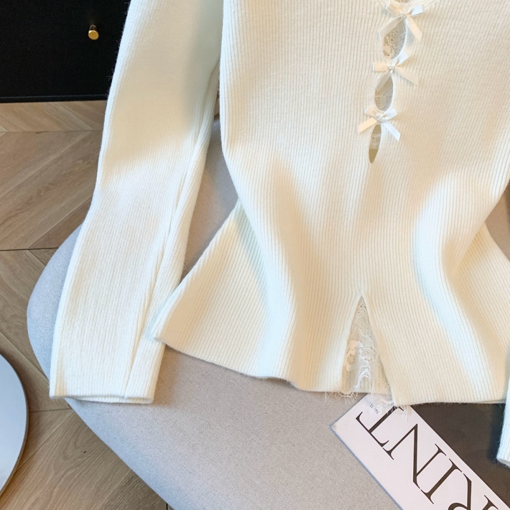 Autumn and winter split lace bow halter splice sweater