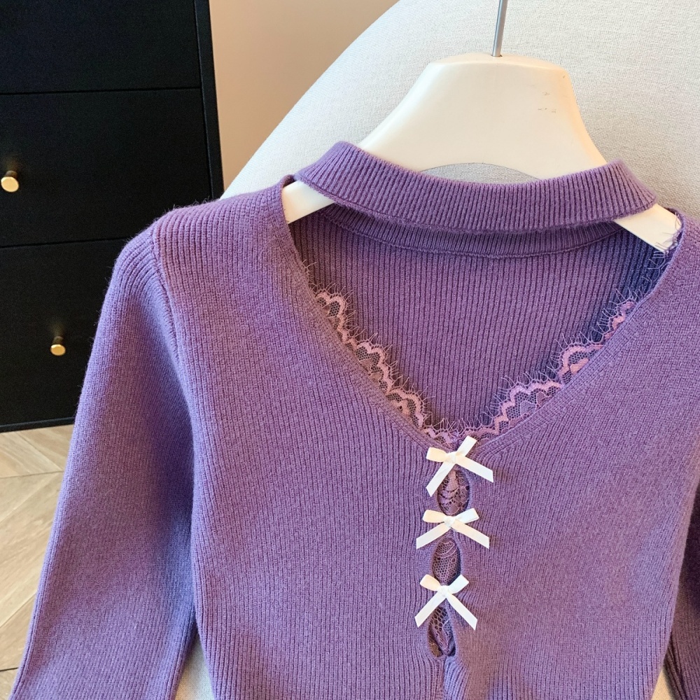 Autumn and winter split lace bow halter splice sweater