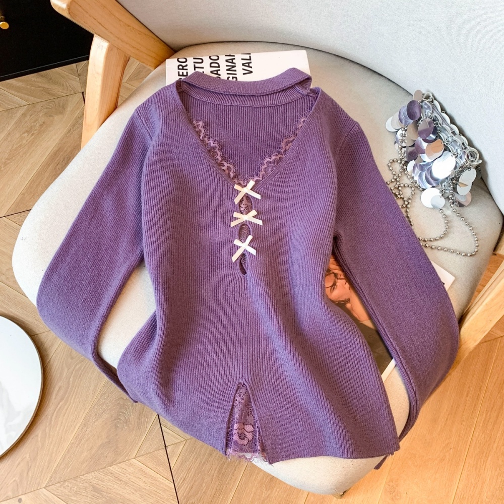 Autumn and winter split lace bow halter splice sweater