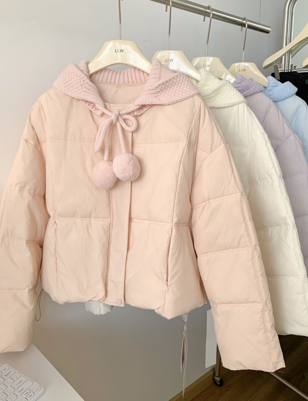 White hooded coat knitted down coat for women