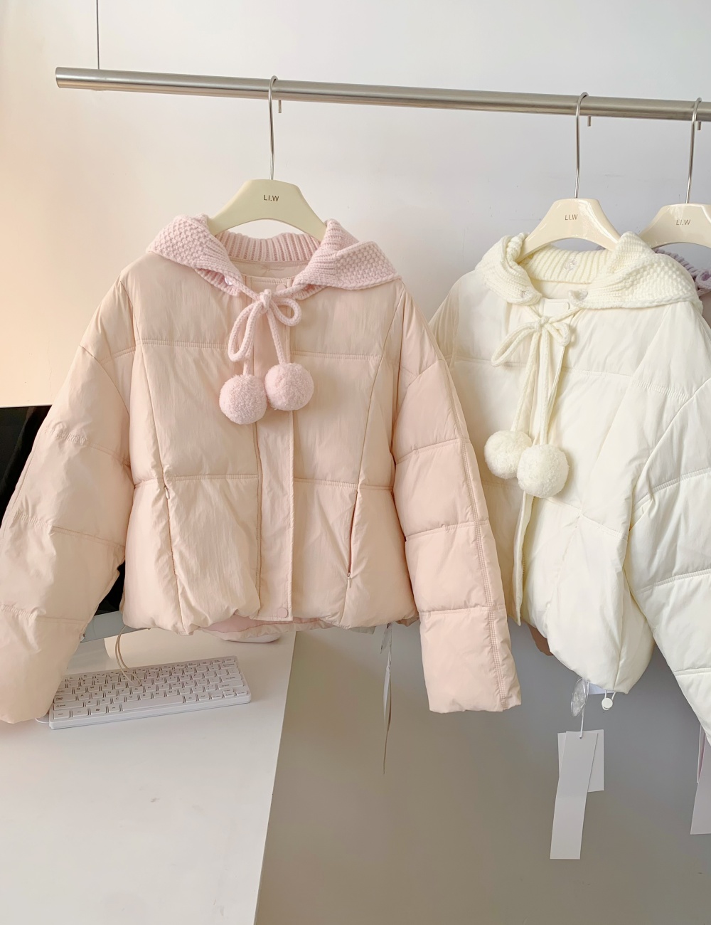 White hooded coat knitted down coat for women
