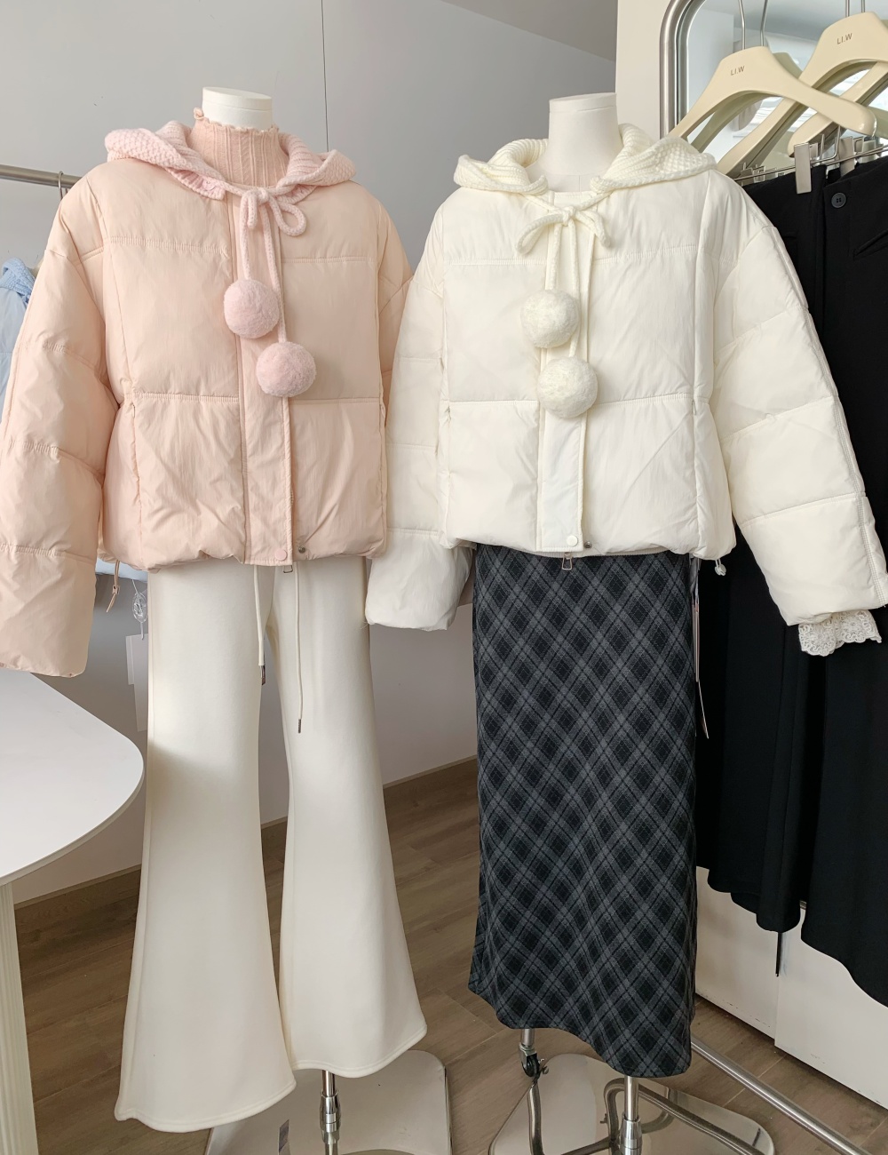 White hooded coat knitted down coat for women