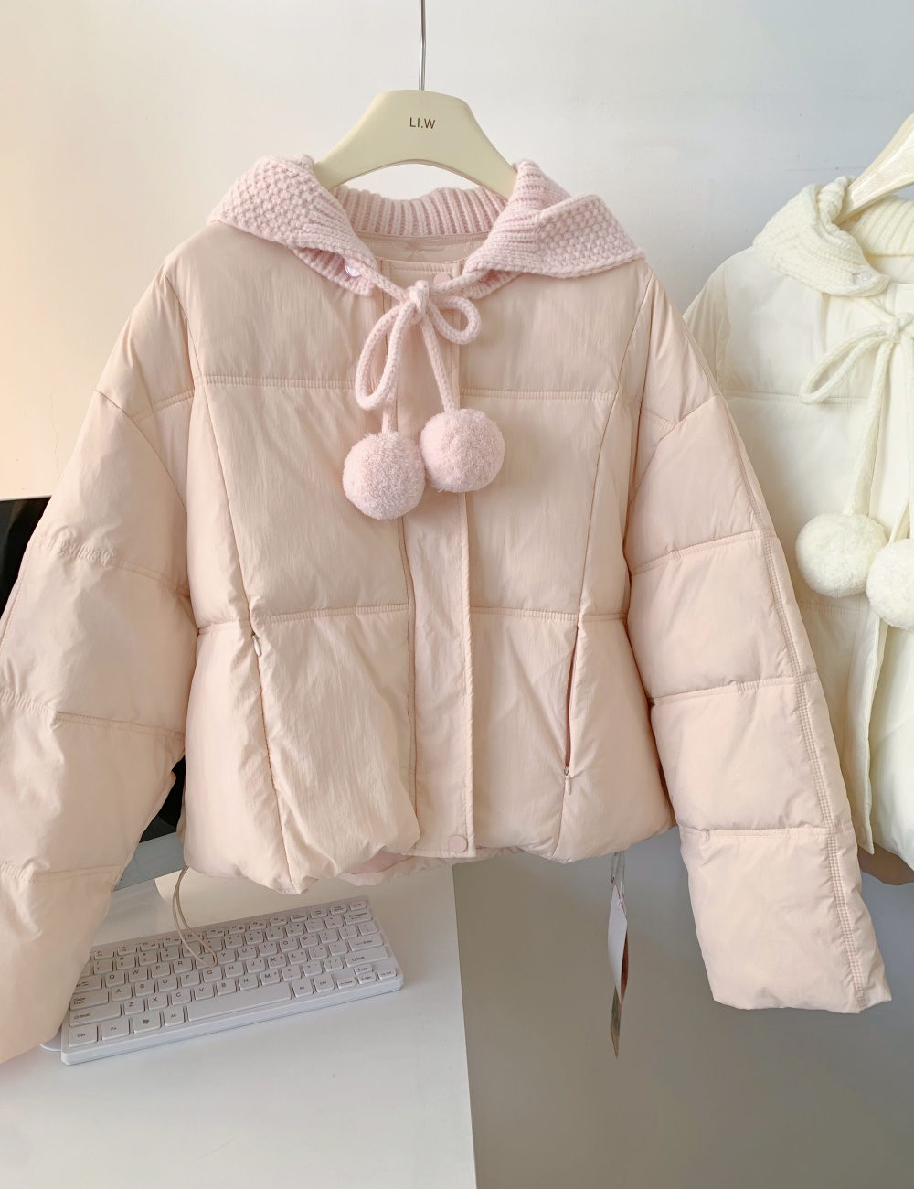 White hooded coat knitted down coat for women